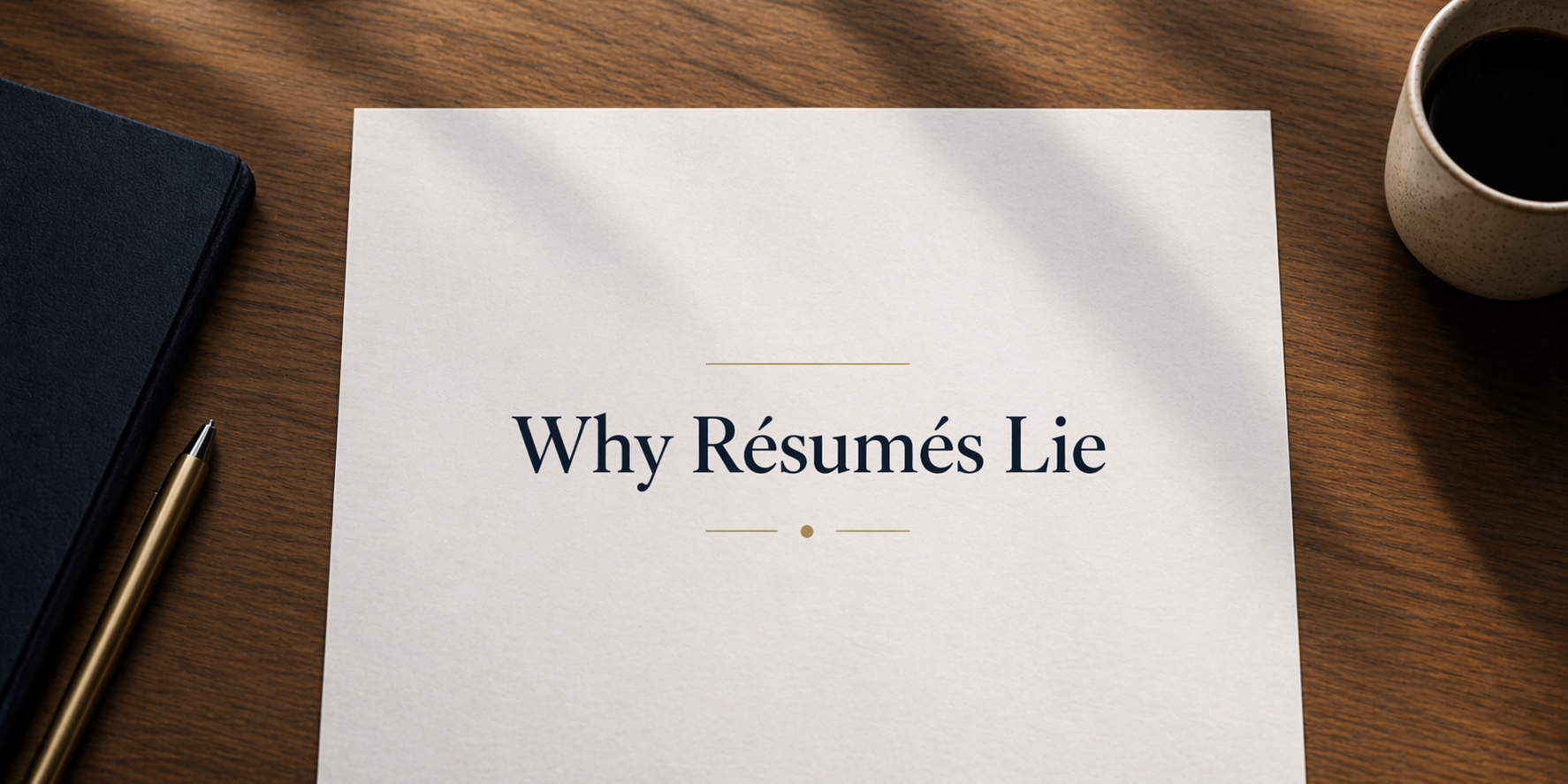 Why Résumés Lie blog cover with paper on a desk